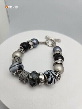 Cousin Mystic Twilight Bead Bracelet Black Silver Swirl 8" Pandora Style